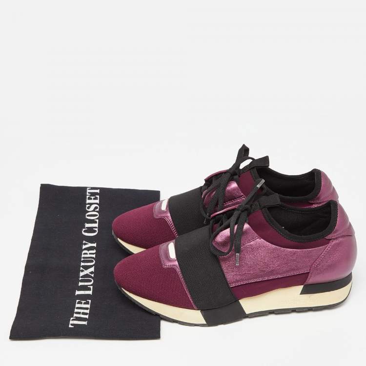 Pre Owned Balenciaga Purple Leather and Neoprene Race Runner Sneakers Size 38