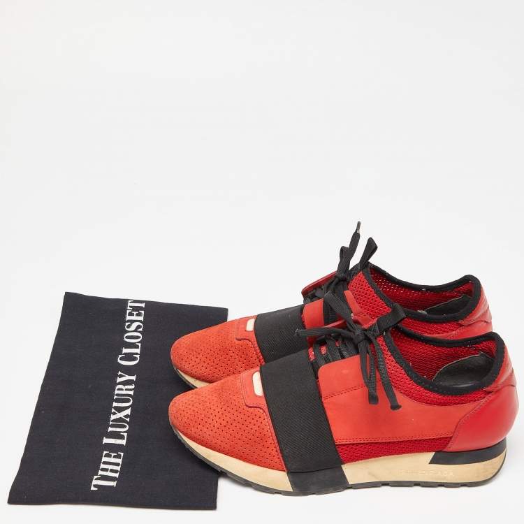 Pre Owned Balenciaga Orange Leather and Mesh Race Runner Sneakers Size 39