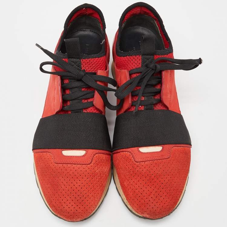 Pre Owned Balenciaga Orange Leather and Mesh Race Runner Sneakers Size 39