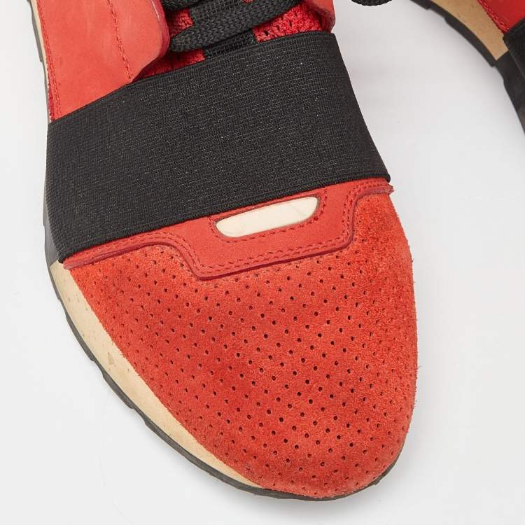 Pre Owned Balenciaga Orange Leather and Mesh Race Runner Sneakers Size 39