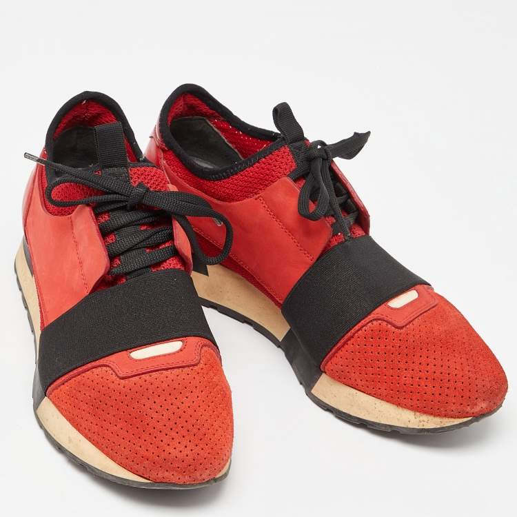 Pre Owned Balenciaga Orange Leather and Mesh Race Runner Sneakers Size 39