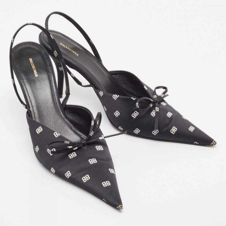 Pre Owned Balenciaga Black Logo Print Satin Knife Slingback Pumps Size 39.5