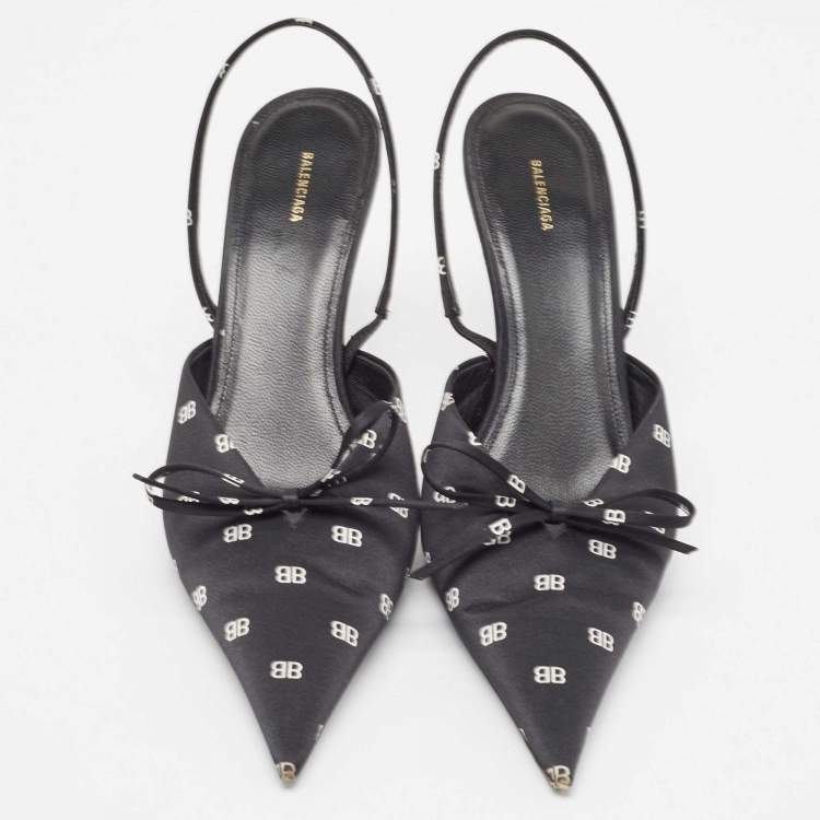 Pre Owned Balenciaga Black Logo Print Satin Knife Slingback Pumps Size 39.5