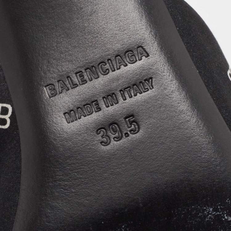 Pre Owned Balenciaga Black Logo Print Satin Knife Slingback Pumps Size 39.5