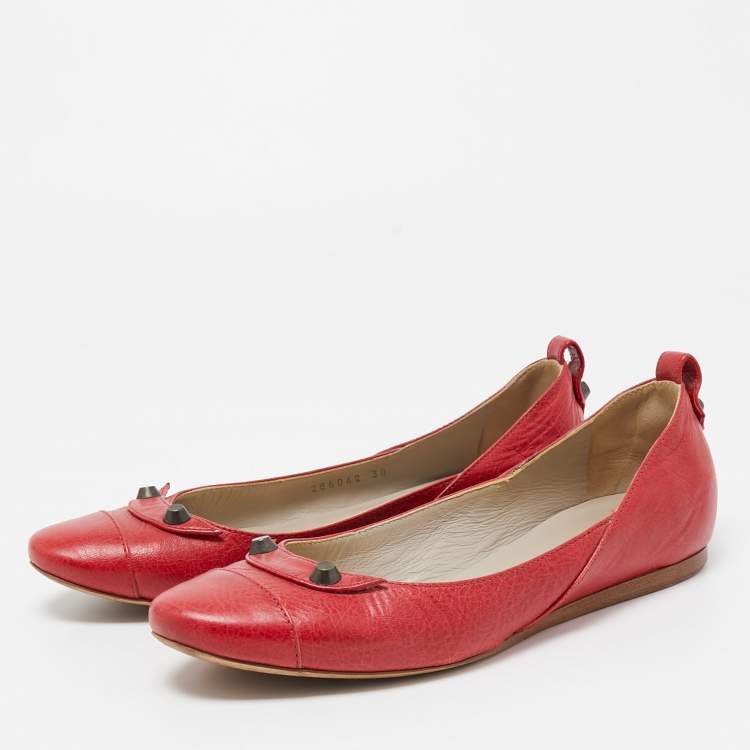 Pre Owned Balenciaga Red Leather Arena Ballet Flats Size 38