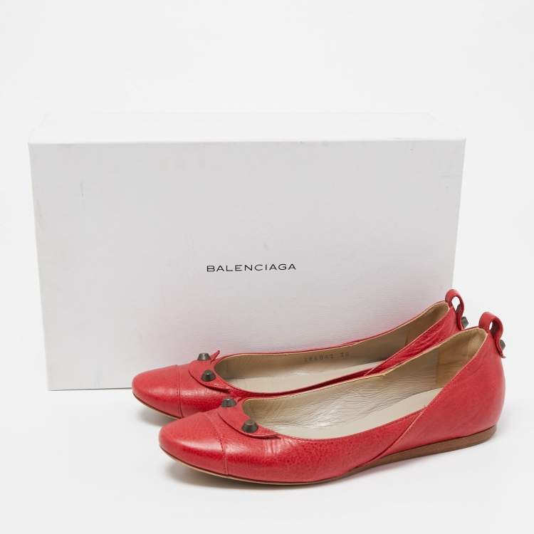Pre Owned Balenciaga Red Leather Arena Ballet Flats Size 38