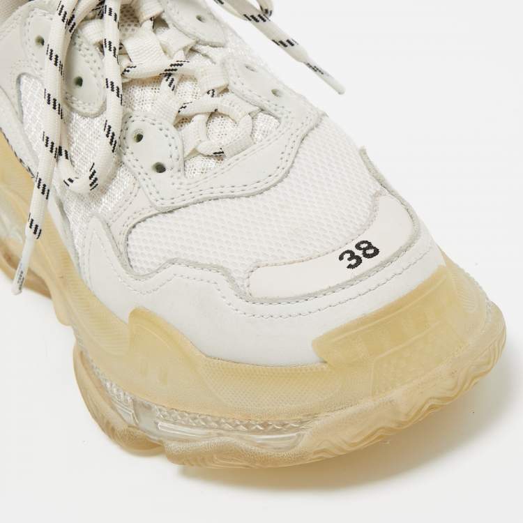 Pre Owned Balenciaga White Leather and Mesh Triple S Clear Sneakers Size 38