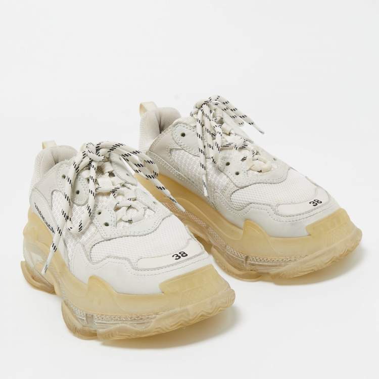 Pre Owned Balenciaga White Leather and Mesh Triple S Clear Sneakers Size 38