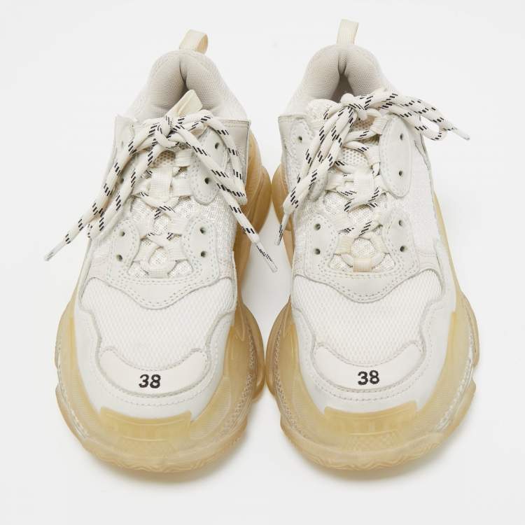 Pre Owned Balenciaga White Leather and Mesh Triple S Clear Sneakers Size 38
