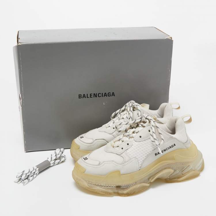 Pre Owned Balenciaga White Leather and Mesh Triple S Clear Sneakers Size 38