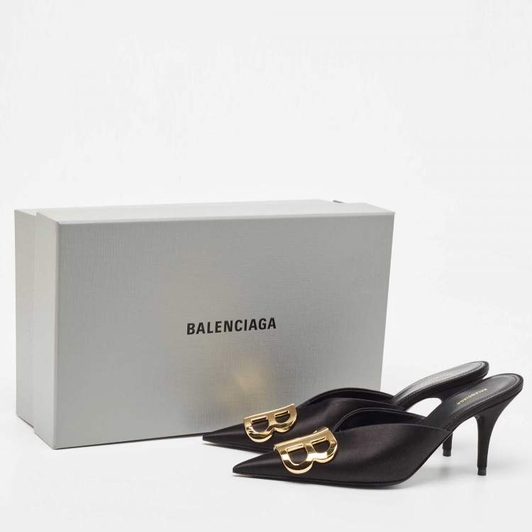 Pre Owned Balenciaga Black Satin BB Knife Mules Size 36