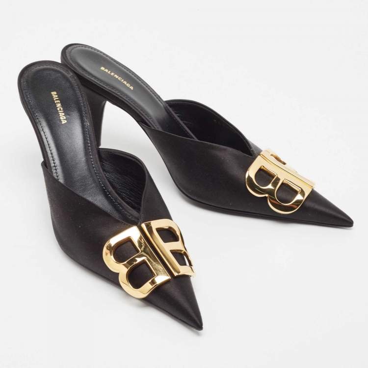 Pre Owned Balenciaga Black Satin BB Knife Mules Size 36