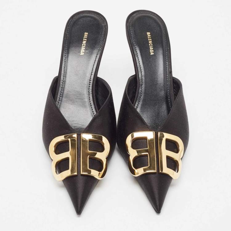 Pre Owned Balenciaga Black Satin BB Knife Mules Size 36