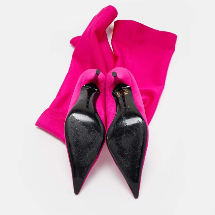 Pre Owned Balenciaga Pink Satin Knife Knee Length Boots Size 38