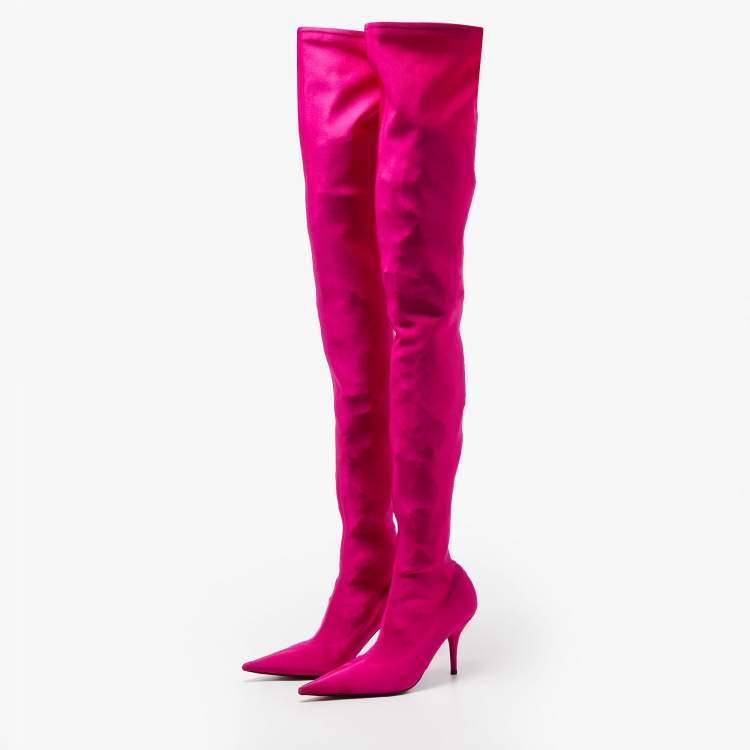 Pre Owned Balenciaga Pink Satin Knife Knee Length Boots Size 38