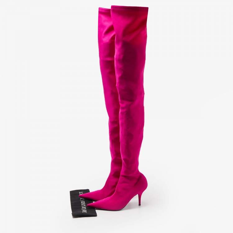 Pre Owned Balenciaga Pink Satin Knife Knee Length Boots Size 38