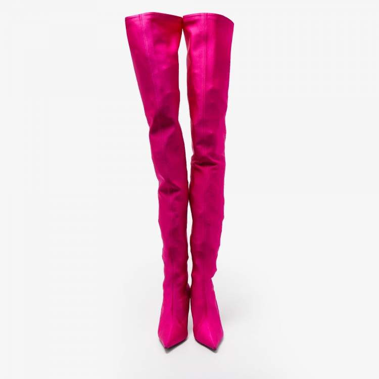 Pre Owned Balenciaga Pink Satin Knife Knee Length Boots Size 38