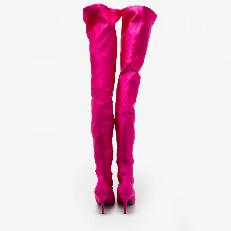 Pre Owned Balenciaga Pink Satin Knife Knee Length Boots Size 38