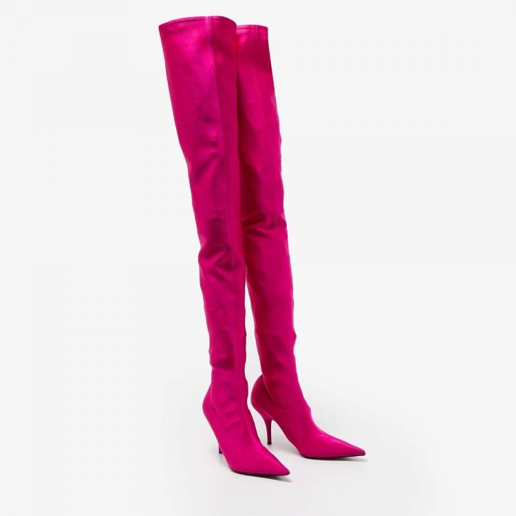Pre Owned Balenciaga Pink Satin Knife Knee Length Boots Size 38
