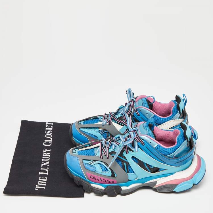 Pre Owned Balenciaga Blue Faux Leather And Mesh Track Sneakers Size 37
