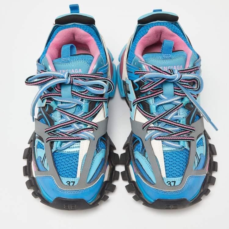 Pre Owned Balenciaga Blue Faux Leather And Mesh Track Sneakers Size 37