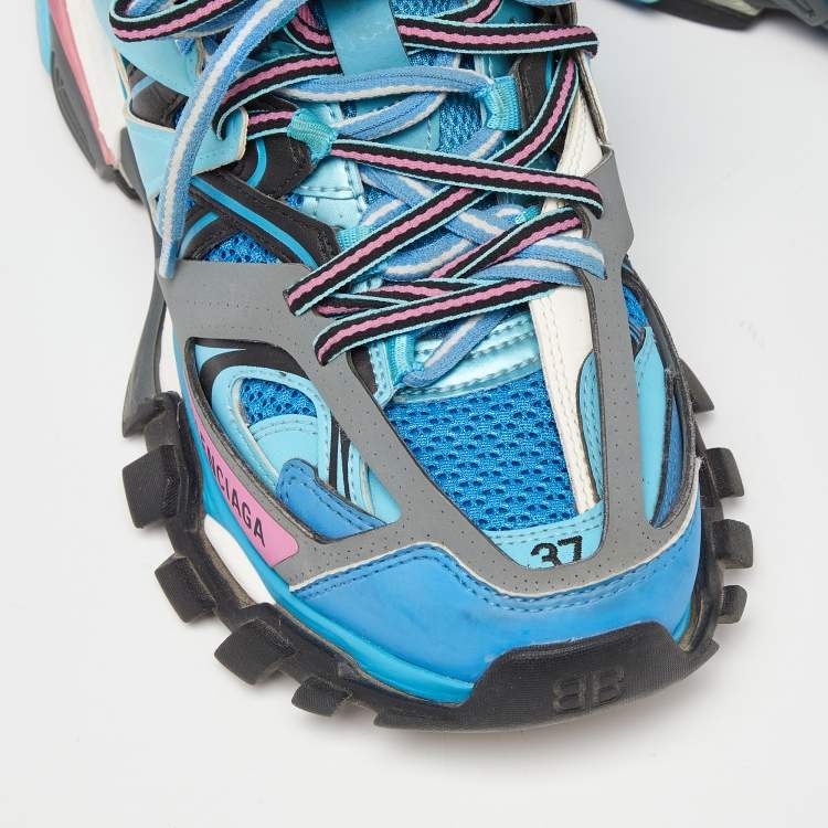 Pre Owned Balenciaga Blue Faux Leather And Mesh Track Sneakers Size 37