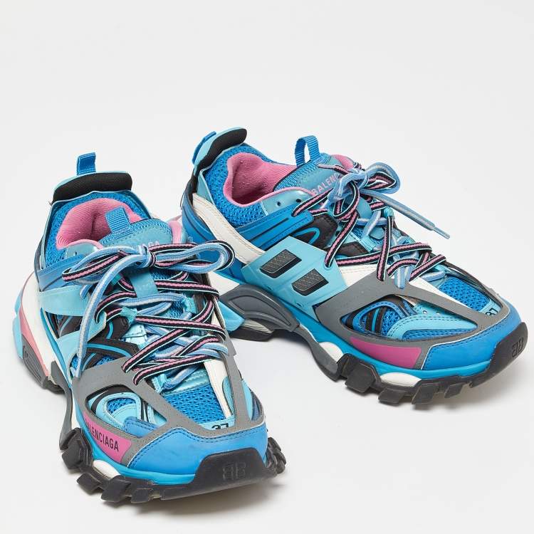 Pre Owned Balenciaga Blue Faux Leather And Mesh Track Sneakers Size 37