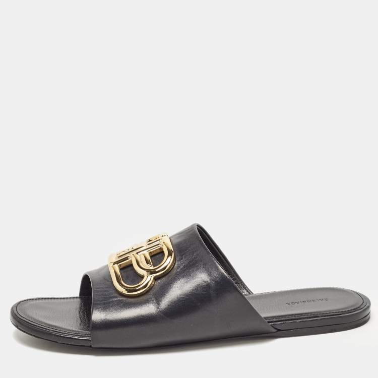 Pre Owned Balenciaga Black Leather BB Logo Embellished Flat Slides Size 38.5