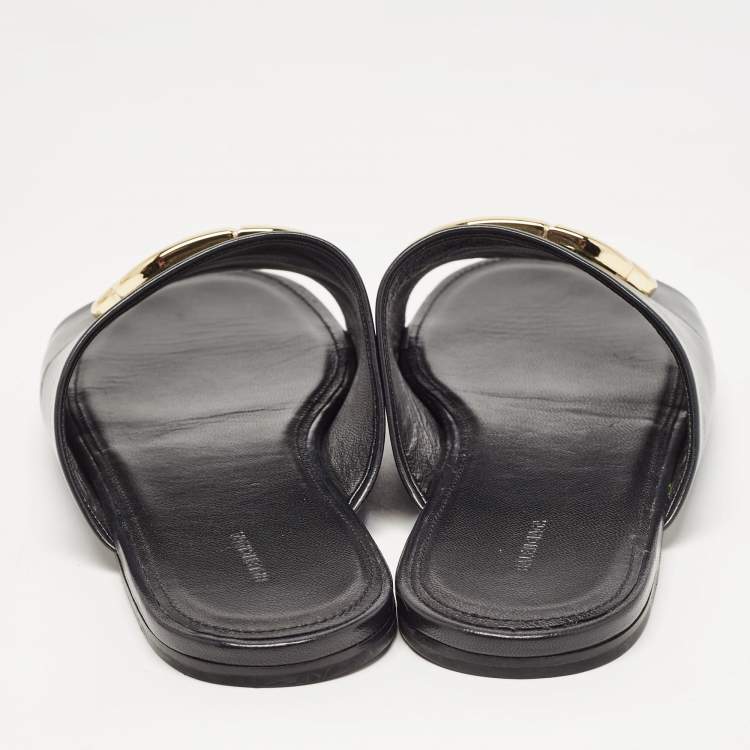 Pre Owned Balenciaga Black Leather BB Logo Embellished Flat Slides Size 38.5