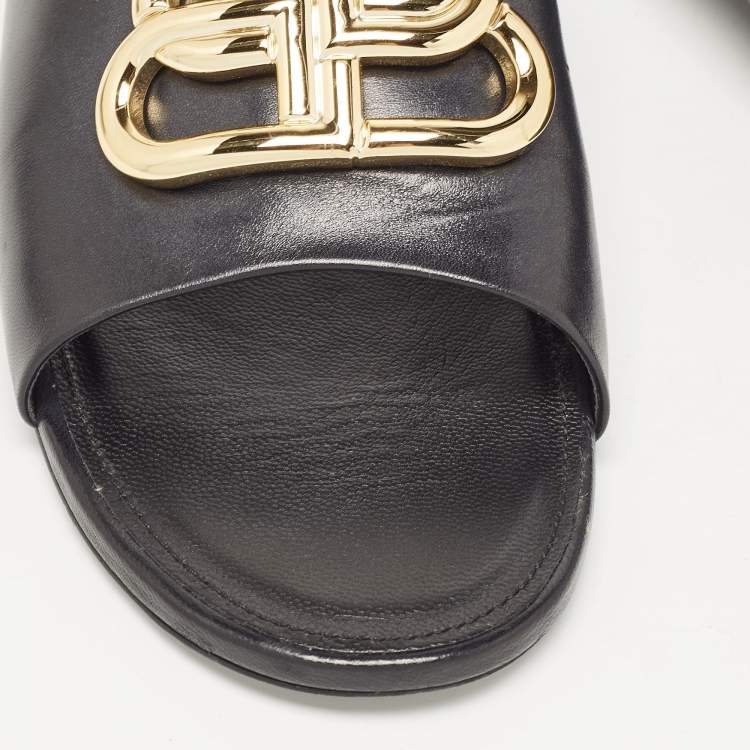 Pre Owned Balenciaga Black Leather BB Logo Embellished Flat Slides Size 38.5