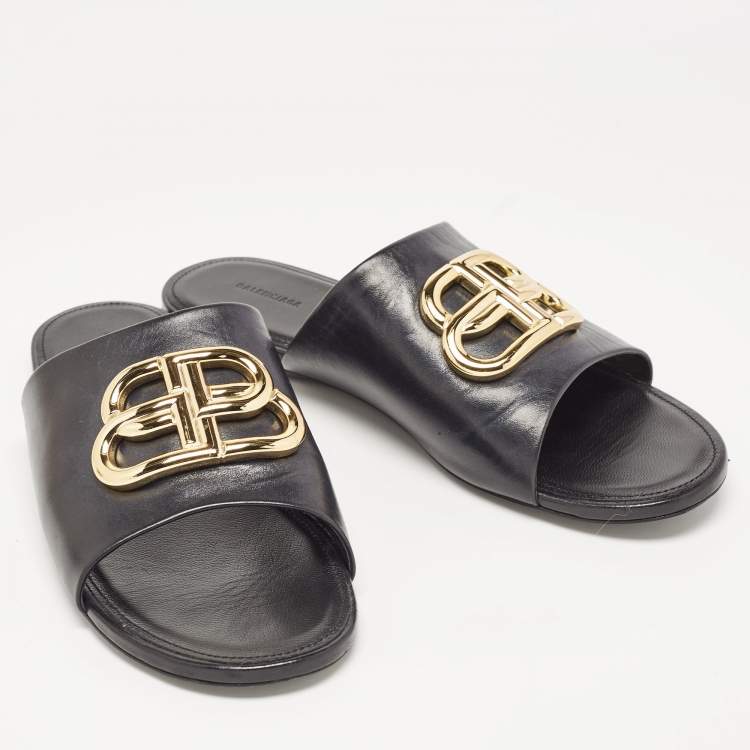 Pre Owned Balenciaga Black Leather BB Logo Embellished Flat Slides Size 38.5