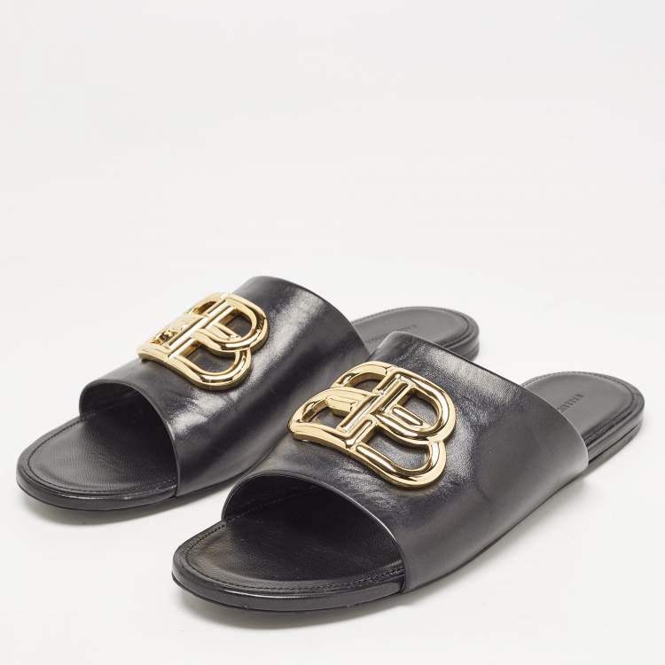 Balenciaga Black Leather BB Logo Embellished Flat Slides Size 38.5