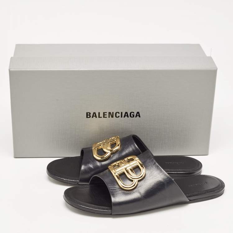Pre Owned Balenciaga Black Leather BB Logo Embellished Flat Slides Size 38.5