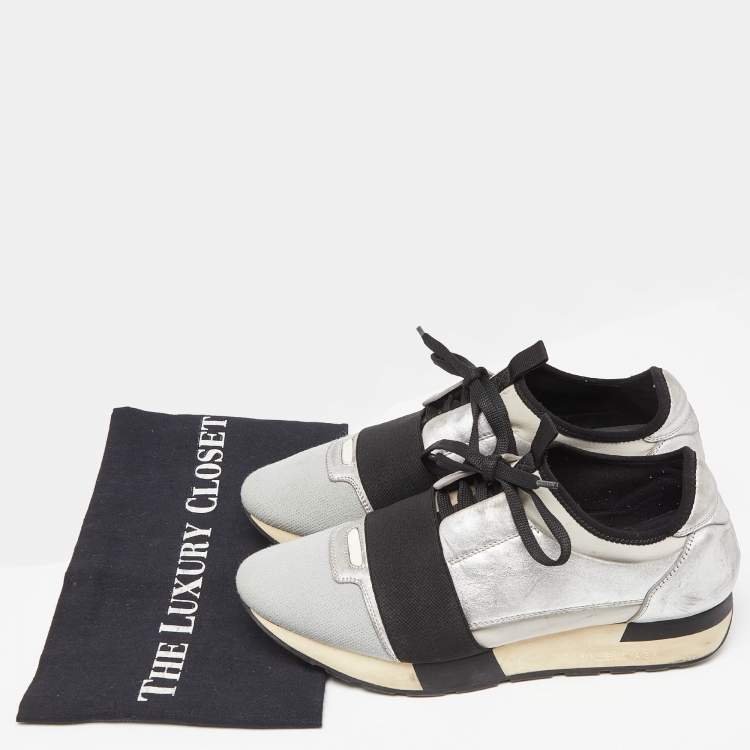 Pre Owned Balenciaga Silver/Black Leather and Knit Fabric Race Runner Sneakers Size 39