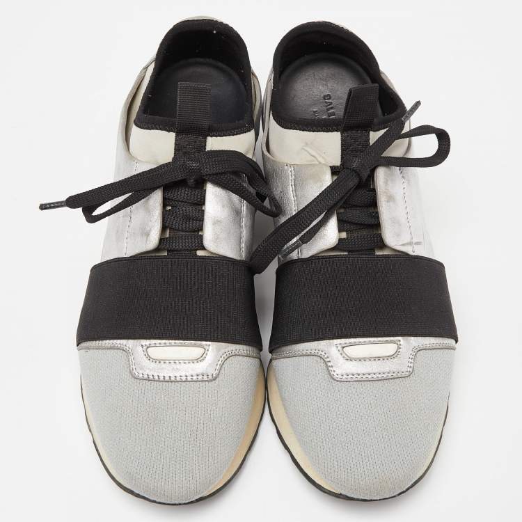 Pre Owned Balenciaga Silver/Black Leather and Knit Fabric Race Runner Sneakers Size 39