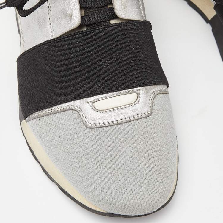 Pre Owned Balenciaga Silver/Black Leather and Knit Fabric Race Runner Sneakers Size 39