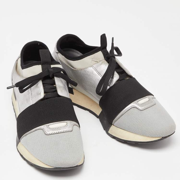 Pre Owned Balenciaga Silver/Black Leather and Knit Fabric Race Runner Sneakers Size 39