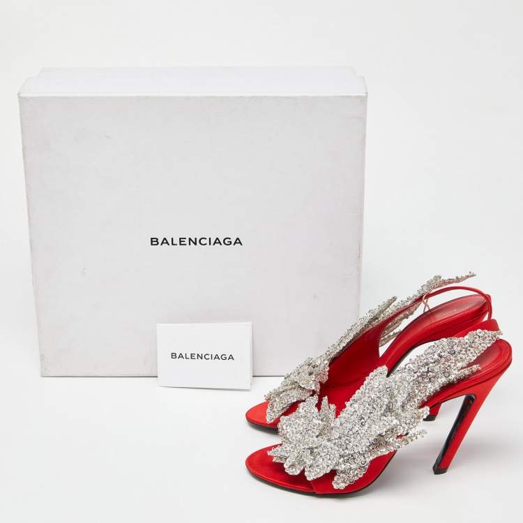 Pre Owned Balenciaga Red Satin Leather Beaded/Sequins Embellished Ankle Strap Sandals Size 39