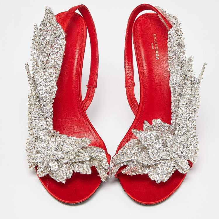 Pre Owned Balenciaga Red Satin Leather Beaded/Sequins Embellished Ankle Strap Sandals Size 39