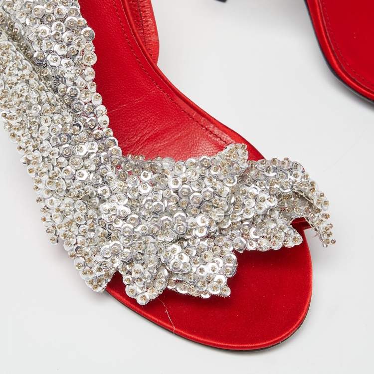 Pre Owned Balenciaga Red Satin Leather Beaded/Sequins Embellished Ankle Strap Sandals Size 39