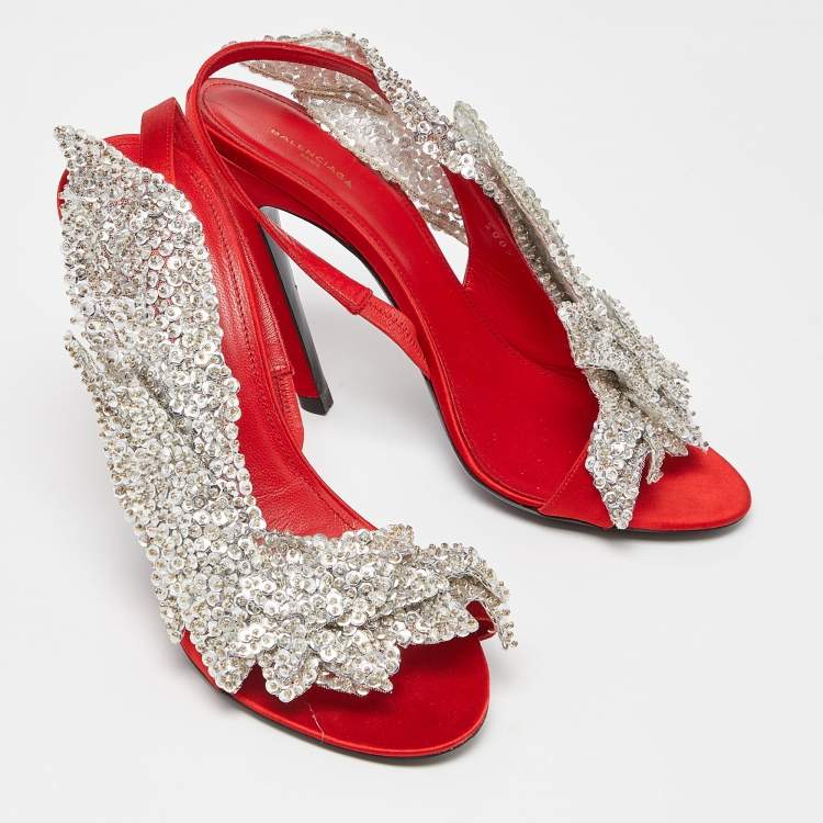 Pre Owned Balenciaga Red Satin Leather Beaded/Sequins Embellished Ankle Strap Sandals Size 39