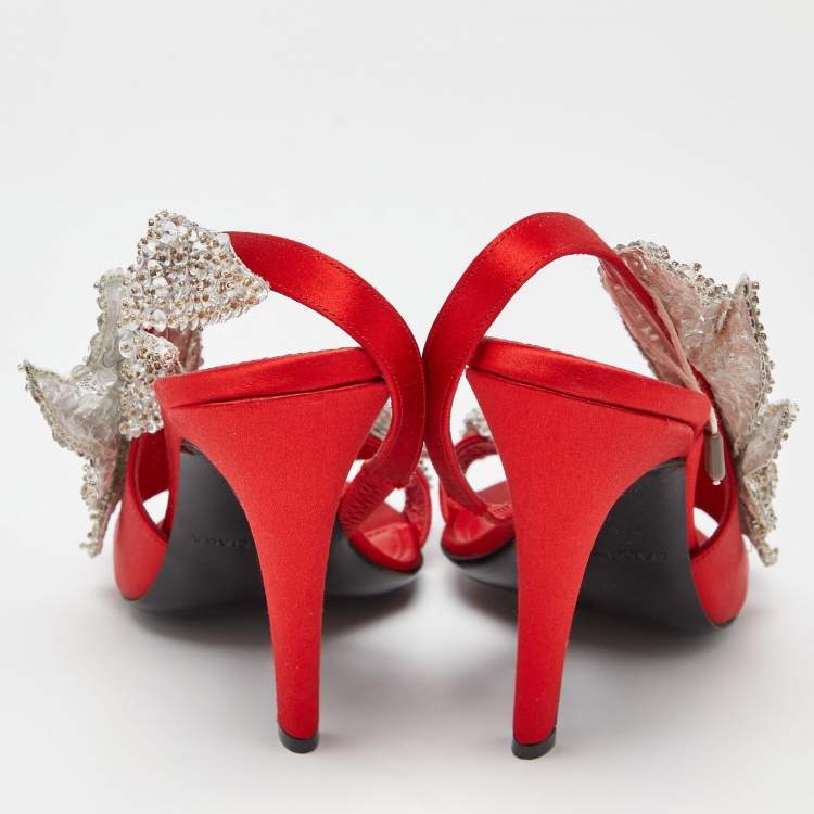 Pre Owned Balenciaga Red Satin Leather Beaded/Sequins Embellished Ankle Strap Sandals Size 39