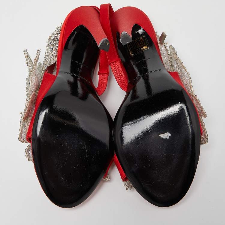 Pre Owned Balenciaga Red Satin Leather Beaded/Sequins Embellished Ankle Strap Sandals Size 39