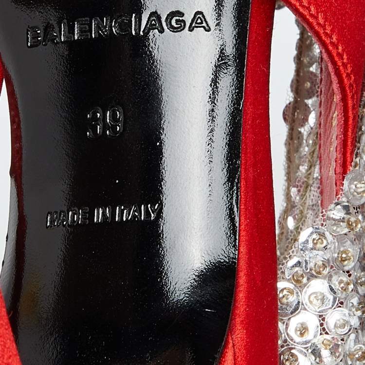 Pre Owned Balenciaga Red Satin Leather Beaded/Sequins Embellished Ankle Strap Sandals Size 39