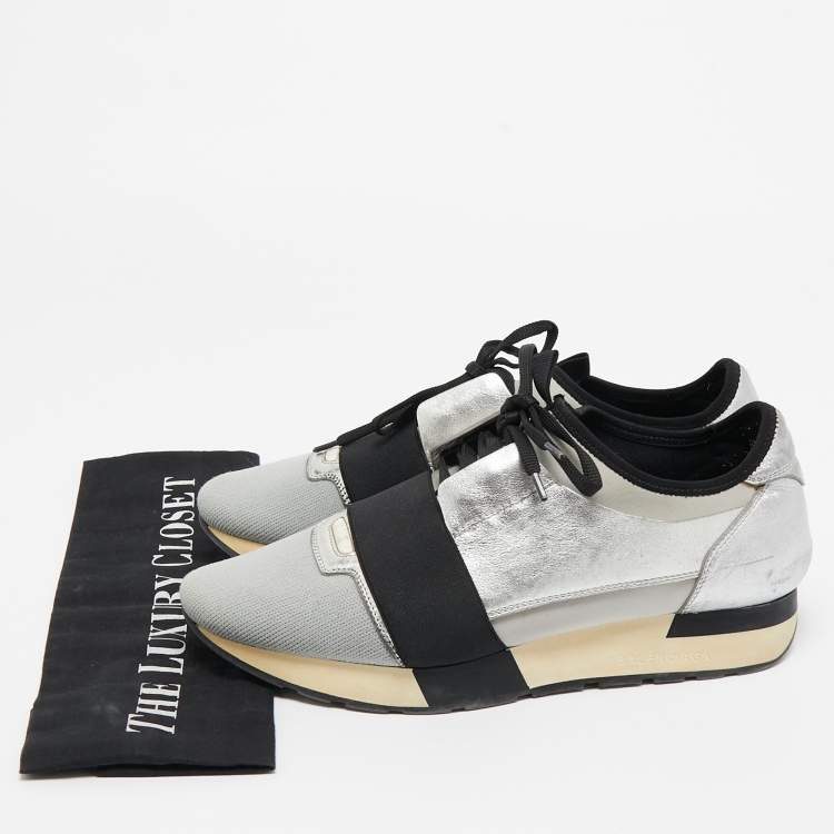 Pre Owned Balenciaga Silver/Grey Leather And Fabric Race Runner Sneakers Size 40