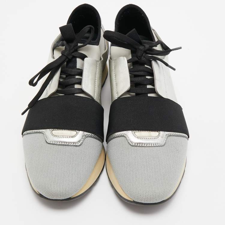 Pre Owned Balenciaga Silver/Grey Leather And Fabric Race Runner Sneakers Size 40