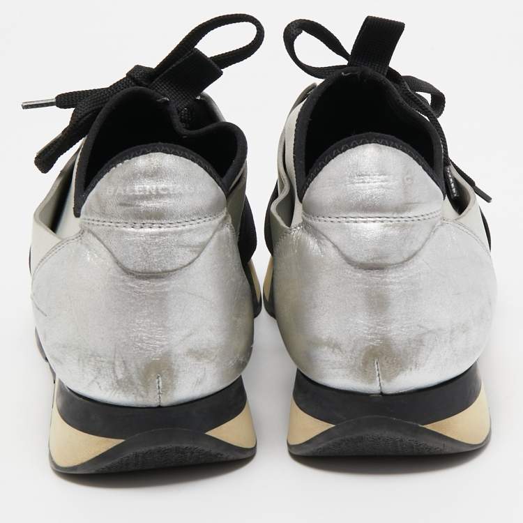 Pre Owned Balenciaga Silver/Grey Leather And Fabric Race Runner Sneakers Size 40