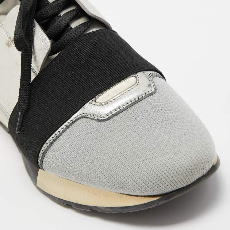 Pre Owned Balenciaga Silver/Grey Leather And Fabric Race Runner Sneakers Size 40