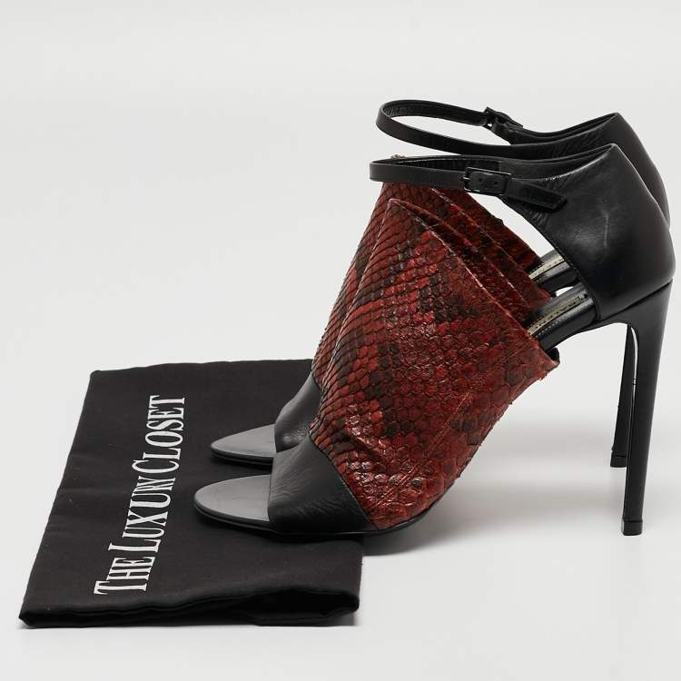 Pre Owned Balenciaga Brown/Black Python Embossed and Leather Ankle Strap Sandals Size 38.5