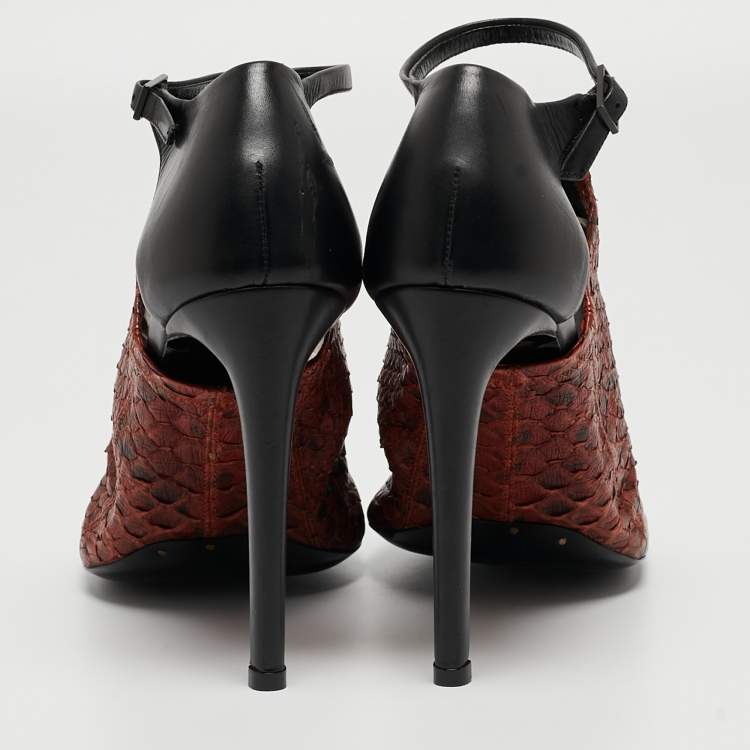Pre Owned Balenciaga Brown/Black Python Embossed and Leather Ankle Strap Sandals Size 38.5